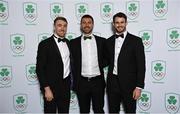 11 November 2023; Olympians, from left, Terry Kennedy, Harry McNulty, and Jack Kelly in attendance at the Team Ireland Olympic Ball at the Mansion House in Dublin. The event was a joint celebration of the brilliant performances of Team Ireland athletes at the European Games this summer, as well as the announcement of the winners of the Olympic Federation of Ireland Annual Awards. The event was attended by the Minister for Tourism, Culture, Arts, Gaeltacht, Sport and Media, Catherine Martin TD, Minister of State for Sport and Physical Education, Thomas Byrne TD, Olympic medallists, European Games athletes, Team Ireland Sponsors and Partners, Sport Ireland and the wider Olympic family. Photo by David Fitzgerald/Sportsfile