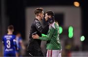 10 November 2023; Cork City goalkeeper Tiernan Brooks and Gordon Walker during the SSE Airtricity Men's Premier Division Promotion / Relegation play-off match between Waterford and Cork City at Tallaght Stadium in Dublin. Photo by Stephen McCarthy/Sportsfile