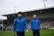 12 November 2023; Harry Byrne, left, and Lee Barron of Leinster walk the pitch before the United Rugby Championship match between Dragons and Leinster at Rodney Parade in Newport, Wales. Photo by Harry Murphy/Sportsfile