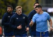 12 November 2023; Leinster captain Dan Sheehan leads the team in the warm up before the United Rugby Championship match between Dragons and Leinster at Rodney Parade in Newport, Wales. Photo by Harry Murphy/Sportsfile