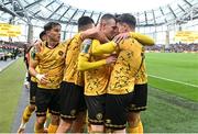 12 November 2023; Mark Doyle of St Patrick's Athletic celebrates with teammates, including Conor Carty, right, after scoring their side's first goal during the Sports Direct FAI Cup Final between Bohemians and St Patrick's Athletic at the Aviva Stadium in Dublin. Photo by Seb Daly/Sportsfile