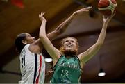 12 November 2023; Claire Melia of Ireland in action against Maia Hirsch of France during the FIBA Women's EuroBasket Championship qualifier match between Ireland and France at the National Basketball Arena in Tallaght, Dublin. Photo by Brendan Moran/Sportsfile