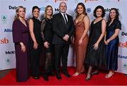 11 November 2023; Attendees, left, Louisa-Jane Dupre, Gillian Farrelly, Siobhan MacMahon, John Conroy, Kaitlyn Kirwan, Yvonne Waldron, and Louise Flood in attendance at the Team Ireland Olympic Ball at the Mansion House in Dublin. The event was a joint celebration of the brilliant performances of Team Ireland athletes at the European Games this summer, as well as the announcement of the winners of the Olympic Federation of Ireland Annual Awards. The event was attended by the Minister for Tourism, Culture, Arts, Gaeltacht, Sport and Media, Catherine Martin TD, Minister of State for Sport and Physical Education, Thomas Byrne TD, Olympic medallists, European Games athletes, Team Ireland Sponsors and Partners, Sport Ireland and the wider Olympic family. Photo by Brendan Moran/Sportsfile