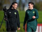 15 November 2023; Dara O'Shea and Matthew Turnbull, FAI multimedia executive, during a Republic of Ireland training session at the FAI National Training Centre in Abbotstown, Dublin. Photo by Stephen McCarthy/Sportsfile