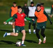 15 November 2023; Andrew Moran and Jason Knight, right, during a Republic of Ireland training session at the FAI National Training Centre in Abbotstown, Dublin. Photo by Stephen McCarthy/Sportsfile
