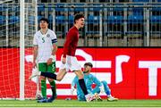 17 November 2023; Halvor Rødølen Opsahl of Norway celebrates after scoring his side's first goal during the UEFA European Under-21 Championship Qualifier match between Norway and Republic of Ireland at Marienlyst Stadion in Drammen, Norway. Photo by Marius Simensen/Sportsfile