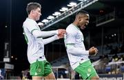 17 November 2023; Aidomo Emakhu of Republic of Ireland, right, celebrates with team-mate Kian Leavy after scoring his side's first goal during the UEFA European Under-21 Championship Qualifier match between Norway and Republic of Ireland at Marienlyst Stadion in Drammen, Norway. Photo by Marius Simensen/Sportsfile