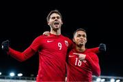 17 November 2023; Lasse Nordås of Norway, left, celebrates with team-mate Fredrik Oppegard after scoring his side's third goal during the UEFA European Under-21 Championship Qualifier match between Norway and Republic of Ireland at Marienlyst Stadion in Drammen, Norway. Photo by Marius Simensen/Sportsfile