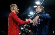 17 November 2023; Leo Fuhr Hjelde of Norway celebrates with Norway head coach Jan Peder Jalland after the UEFA European Under-21 Championship Qualifier match between Norway and Republic of Ireland at Marienlyst Stadion in Drammen, Norway. Photo by Marius Simensen/Sportsfile