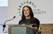 18 November 2023; GAA Healthy Club coordinator, Brid O'Dwyer speaking at the Irish Life GAA Healthy Club Conference 2023 at Croke Park in Dublin. Photo by Tyler Miller/Sportsfile