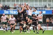 18 November 2023; Corne Rahl and Cameron Wright of Hollywoodbets Sharks challenge Byron Ralston of Connacht for a high ball during the United Rugby Championship match between Hollywoodbets Sharks and Connacht at Holywoodbets Kings Park in Durban, South Africa. Photo by Shaun Roy/Sportsfile