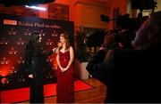 18 November 2023; Kerry player Louise Ní Mhuircheartaigh is interviewed by Emer Gallagher, Donegal footballer and TG4 presenter, during the Facebook Live show before the TG4 All-Ireland Ladies Football All Stars Awards banquet, in association with Lidl, at the Bonnington Dublin Hotel. Photo by Brendan Moran/Sportsfile