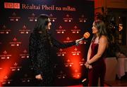 18 November 2023; Down player Natasha Ferris is interviewed by Emer Gallagher, Donegal footballer and TG4 presenter, during the Facebook Live show before the TG4 All-Ireland Ladies Football All Stars Awards banquet, in association with Lidl, at the Bonnington Dublin Hotel. Photo by Brendan Moran/Sportsfile