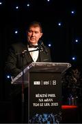 18 November 2023; Uachtarán Cumann Peil Gael na mBan Mícheál Naughton speaking at the TG4 All-Ireland Ladies Football All Stars Awards banquet, in association with Lidl, at the Bonnington Dublin Hotel. Photo by Brendan Moran/Sportsfile