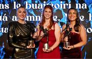 18 November 2023; Award winners, from left, Róisín Byrne of Kildare with her TG4 Intermediate Players Player of the Year award, Louise Ní Mhuircheartaigh of Kerry with her TG4 Senior Players Player of the Year award and Natasha Ferris of Down with her TG4 Junior Players Player of the Year award during the TG4 All-Ireland Ladies Football All Stars Awards banquet, in association with Lidl, at the Bonnington Dublin Hotel. Photo by Brendan Moran/Sportsfile