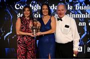 18 November 2023; Hall of Fame recipient Christina McGinty of Dublin with her sister Carmel Lynch and father Chrsty during the TG4 All-Ireland Ladies Football All Stars Awards banquet, in association with Lidl, at the Bonnington Dublin Hotel. Photo by Brendan Moran/Sportsfile