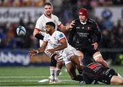 17 November 2023; Robert Baloucoune of Ulster is tackled by Quan Horn of Emirates Lions during the United Rugby Championship match between Ulster and Emirates Lions at Kingspan Stadium in Belfast. Photo by Ramsey Cardy/Sportsfile