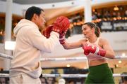 22 November 2023; Skye Nicolson and trainer Eddie Lam during public workouts, held at Liffey Valley Shopping Centre in Clondalkin, Dublin, ahead of her WBC interim world featherweight title fight with Lucy Wildheart, on November 25th at 3Arena in Dublin. Photo by Stephen McCarthy/Sportsfile