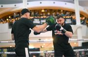 22 November 2023; Thomas Carty and trainer Packie Collins during public workouts, held at Liffey Valley Shopping Centre in Clondalkin, Dublin, ahead of his heavyweight bout with Dan Garber, on November 25th at 3Arena in Dublin. Photo by Stephen McCarthy/Sportsfile
