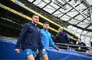 24 November 2023; Jordan Larmour and Hugo Keenan during a Leinster Rugby captain's run at the Aviva Stadium in Dublin. Photo by Harry Murphy/Sportsfile