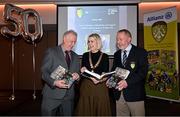 24 November 2023; In attendance at the launch of the Allianz Cumann na mBunscol 50th anniversary book, &quot;50 Bliain ag Fás’, at Croke Park in Dublin are, from left, author Ciarán Crowe, Irish National Teachers' Organisation president Dorothy McGinley and author Joe Lyons. Photo by Sam Barnes/Sportsfile