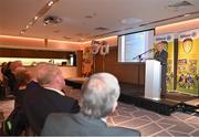 24 November 2023; Co-author Ciarán Crowe speaking at the launch of the Allianz Cumann na mBunscol 50th anniversary book, &quot;50 Bliain ag Fás’, at Croke Park in Dublin. Photo by Sam Barnes/Sportsfile