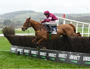 25 November 2023; Idas Boy, with Sam Ewing up, jumps the last on their way to winning the Ryans Cleaning Handicap Steeplechase on day one of the Punchestown Winter Festival at Punchestown Racecourse in Kildare. Photo by Matt Browne/Sportsfile