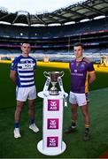 27 November 2023; Naas football captain Eoin Doyle and Kilmacud Crokes football captain Shane Cunningham during the launch of the 2023 AIB GAA Leinster Senior Club Championship Finals at Croke Park in Dublin. Photo by Piaras Ó Mídheach/Sportsfile