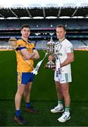 27 November 2023; Na Fianna hurling captain Donal Burke and O'Loughlin Gaels hurling captain Mark Bergin during the launch of the 2023 AIB GAA Leinster Senior Club Championship Finals at Croke Park in Dublin. Photo by Piaras Ó Mídheach/Sportsfile