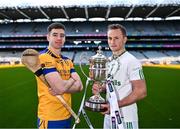 27 November 2023; Na Fianna hurling captain Donal Burke and O'Loughlin Gaels hurling captain Mark Bergin during the launch of the 2023 AIB GAA Leinster Senior Club Championship Finals at Croke Park in Dublin. Photo by Piaras Ó Mídheach/Sportsfile