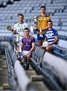 27 November 2023; In attendance, from left, O'Loughlin Gaels hurling captain Mark Bergin, Kilmacud Crokes football captain Shane Cunningham, Na Fianna hurling captain Donal Burke and Naas football captain Eoin Doyle during the launch of the 2023 AIB GAA Leinster Senior Club Championship Finals at Croke Park in Dublin. Photo by Piaras Ó Mídheach/Sportsfile