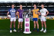 27 November 2023; In attendance, from left, Naas football captain Eoin Doyle, Kilmacud Crokes football captain Shane Cunningham, Na Fianna hurling captain Donal Burke and O'Loughlin Gaels hurling captain Mark Bergin during the launch of the 2023 AIB GAA Leinster Senior Club Championship Finals at Croke Park in Dublin. Photo by Piaras Ó Mídheach/Sportsfile