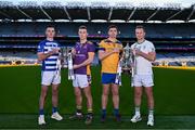 27 November 2023; In attendance, from left, Naas football captain Eoin Doyle, Kilmacud Crokes football captain Shane Cunningham, Na Fianna hurling captain Donal Burke and O'Loughlin Gaels hurling captain Mark Bergin during the launch of the 2023 AIB GAA Leinster Senior Club Championship Finals at Croke Park in Dublin. Photo by Piaras Ó Mídheach/Sportsfile