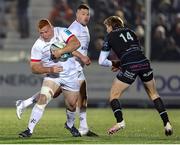 25 November 2023; Steven Kitshoff of Ulster in action against Sebastian Cancelliere, 14, of Glasgow Warrios during the United Rugby Championship match between Glasgow Warriors and Ulster at Scotstoun Stadium in Glasgow, Scotland. Photo by John Dickson/Sportsfile