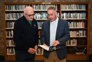 28 November 2023; Leinster Rugby and Merrion Press launched A History of Rugby in Leinster in the Library Room, RDS on Tuesday evening. The book, written by Dr David Doolin, explores the growth of the game in the province through Irish history, and how the events that impacted Ireland, filtered into the evolution of Leinster rugby from its origins to the present day. In attendance at the launch is author Dr David Doolin with IRFU President Greg Barrett. The book is available in all good bookshops and on the Merrion Press website and Amazon. Photo by Harry Murphy/Sportsfile