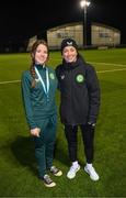 28 November 2023; Republic of Ireland's Katie McCabe with Katie Finnegan of the Ireland women's cerebral palsy team, who were recently crowned champions of the International Federation of CP Football Nations League for 2023, at the FAI National Training Centre in Abbotstown, Dublin. Photo by Stephen McCarthy/Sportsfile