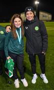 28 November 2023; Republic of Ireland's Katie McCabe with Ella Sherlock of the Ireland women's cerebral palsy team, who were recently crowned champions of the International Federation of CP Football Nations League for 2023, at the FAI National Training Centre in Abbotstown, Dublin. Photo by Stephen McCarthy/Sportsfile