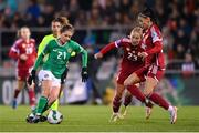 1 December 2023; Sinead Farrelly of Republic of Ireland in action against Luca Papp of Hungary, second from right, and Dora Süle during the UEFA Women's Nations League B match between Republic of Ireland and Hungary at Tallaght Stadium in Dublin. Photo by Seb Daly/Sportsfile