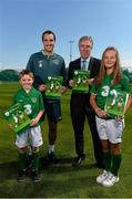 7 September 2013; Republic of Ireland's John O'Shea and FAI Chief Executive John Delaney with Kelley Doherty, age 10, and Paraic Doyle, age 10, at the launch of the FAI Child Welfare Policy. Gannon Park, Malahide, Co. Dublin. Picture credit: David Maher / SPORTSFILE