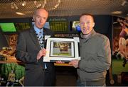7 September 2013; On the eve of the All-Ireland Hurling Final, Clare hurling legend Jamesie O’Connor gave a unique tour of Croke Park stadium as part of the Bord Gáis Energy Legends Tour Series. Jamesie O’Connor receives a framed photograph from John Campbell, Croke Park Tours, after the tour. The Final Bord Gáis Energy Legends Tour of the year will take place on Saturday, 21st September and will feature former Mayo player, Willie Joe Padden. Full details are available on www.crokepark.ie/events. Croke Park, Dublin. Picture credit: Barry Cregg / SPORTSFILE