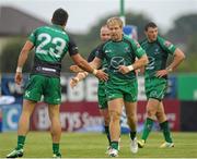 7 September 2013; Fionn Carr is congratulated after scoring a try against Zebre. Celtic League 2013/14, Round 1, Connacht v Zebre, Sportsground, Galway. Picture credit: Ray Ryan / SPORTSFILE