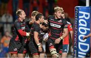 7 September 2013; Nick De Luca, Edinburgh, is congratulated by team-mates after scoring a try. Celtic League 2013/14, Round 1, Munster v Edinburgh Rugby, Musgrave Park, Cork. Picture credit: Diarmuid Greene / SPORTSFILE