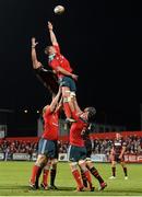 7 September 2013; Dave Foley, Munster, wins possession in a line-out ahead of Sean Cox, Edinburgh. Celtic League 2013/14, Round 1, Munster v Edinburgh Rugby, Musgrave Park, Cork. Picture credit: Diarmuid Greene / SPORTSFILE