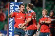 7 September 2013; JJ Hanrahan, Munster, celebrates with team-mates Damien Varley, left, and Cathal Sheridan after scoring his side's fifth try. Celtic League 2013/14, Round 1, Munster v Edinburgh Rugby, Musgrave Park, Cork. Picture credit: Diarmuid Greene / SPORTSFILE