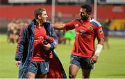 7 September 2013; Man of the match Ian Keatley, Munster, left, with team-mate Casey Laulala after the game. Celtic League 2013/14, Round 1, Munster v Edinburgh Rugby, Musgrave Park, Cork. Picture credit: Diarmuid Greene / SPORTSFILE