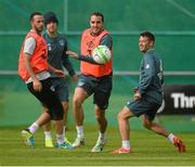 8 September 2013; Republic of Ireland's John O'Shea with Marc Wilson, left, and Wesley Hoolahan during squad training ahead of their 2014 FIFA World Cup Qualifier Group C game against Austria on Tuesday. Republic of Ireland Squad Training, Gannon Park, Malahide, Co. Dublin. Picture credit: David Maher / SPORTSFILE
