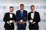 2 December 2023; Waterford PFA Ireland Men’s First Division Team of the Year award recipients, from left, Ryan Burke, Giles Phillips, and Ronan Coughlan during the PFA Ireland Awards 2023 at Anantara The Marker Dublin Hotel in Dublin. Photo by Stephen McCarthy/Sportsfile