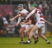 3 December 2023; Ed McQuillan of Ruairí Óg in action against Karl McKaigue of Slaughtneil during the AIB Ulster GAA Hurling Senior Club Championship final match between Ruairi Óg, Antrim, and Slaughtneil, Derry, at Páirc Esler in Newry, Down. Photo by Ben McShane/Sportsfile