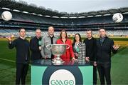 4 December 2023; In attendance at the 2024 GAAGO match schedule launch at Croke Park in Dublin are, from left, Aaron Kernan, GAAGo commentator Mike Finnerty, Michael Murphy, GAAGo Host Gráinne McElwain, GAAGo sideline reporter Aisling O'Reilly, Paddy Andrews and Marc Ó Sé. Fans can avail of 38 exclusive matches in Ireland for €69 up until December 31st&quot;. Photo by Sam Barnes/Sportsfile