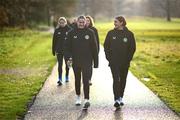 5 December 2023; Republic of Ireland's Erin McLaughlin, left, and Sinead Farrelly during a pre-match walk near their team hotel before the UEFA Women's Nations League B match between Northern Ireland and Republic of Ireland at the National Football Stadium at Windsor Park in Belfast. Photo by Stephen McCarthy/Sportsfile